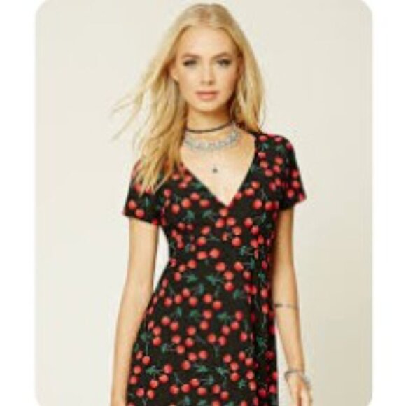 Forever 21 Open Back Cutout Cherry 🍒 Print Black Background Dress Women Size S - Picture 13 of 13